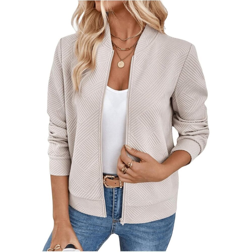 Women's Lightweight Bomber Jacket Khaki Zip Up Casual Long Sleeve